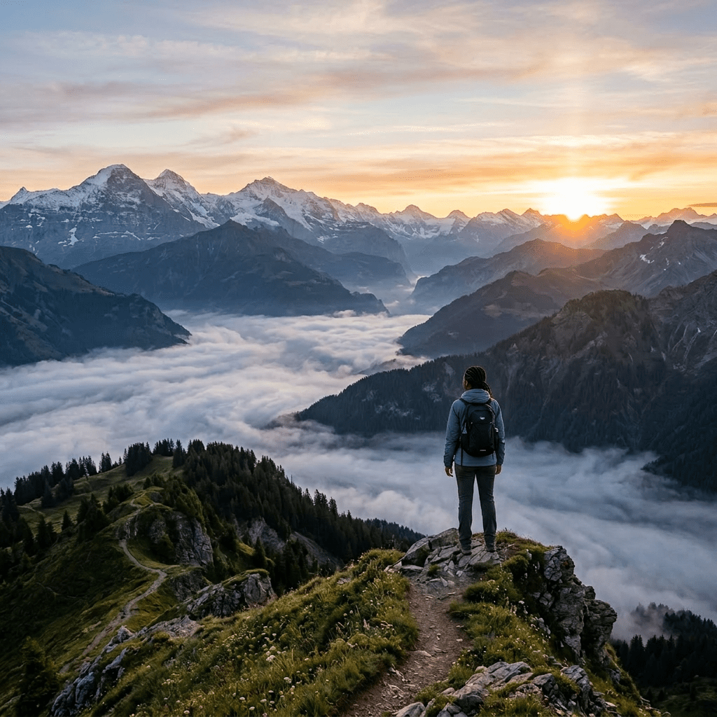 Hiker on rocky ridge above fog-filled valley with snow-capped mountains at sunset