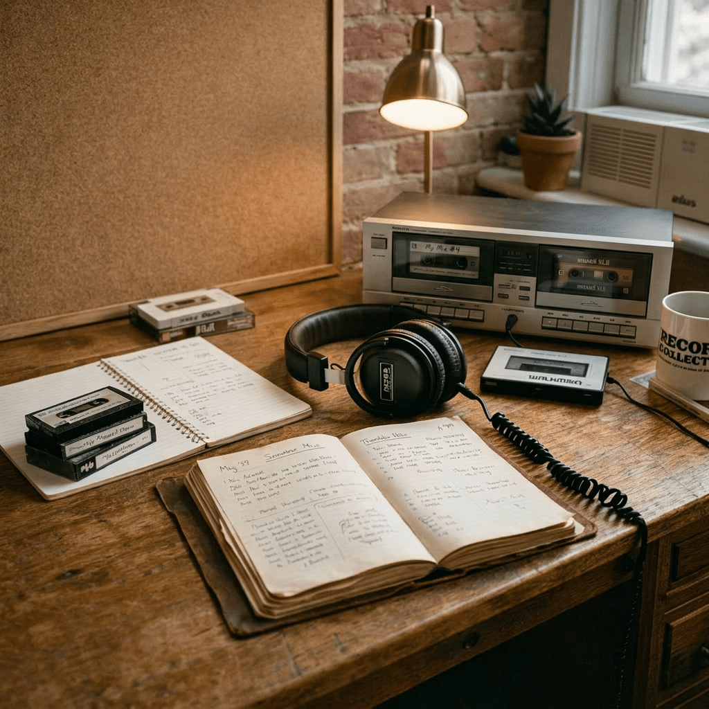 Desk with vintage Walkman, cassette tapes, headphones, open notebooks, and family photos pinned on a corkboard