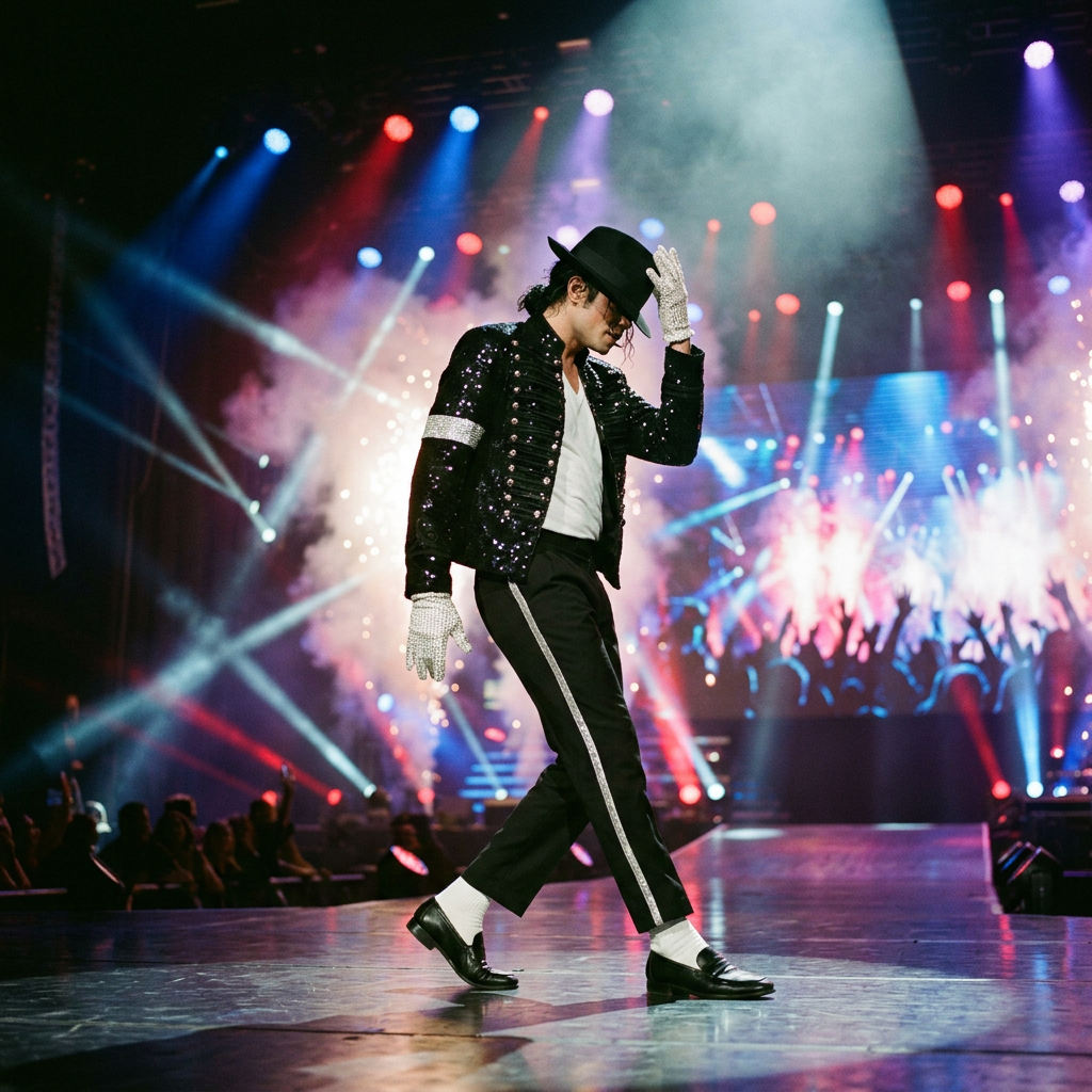 Performer in black sequined jacket and white glove tipping a black fedora hat on stage with colorful spotlights and smoke effects
