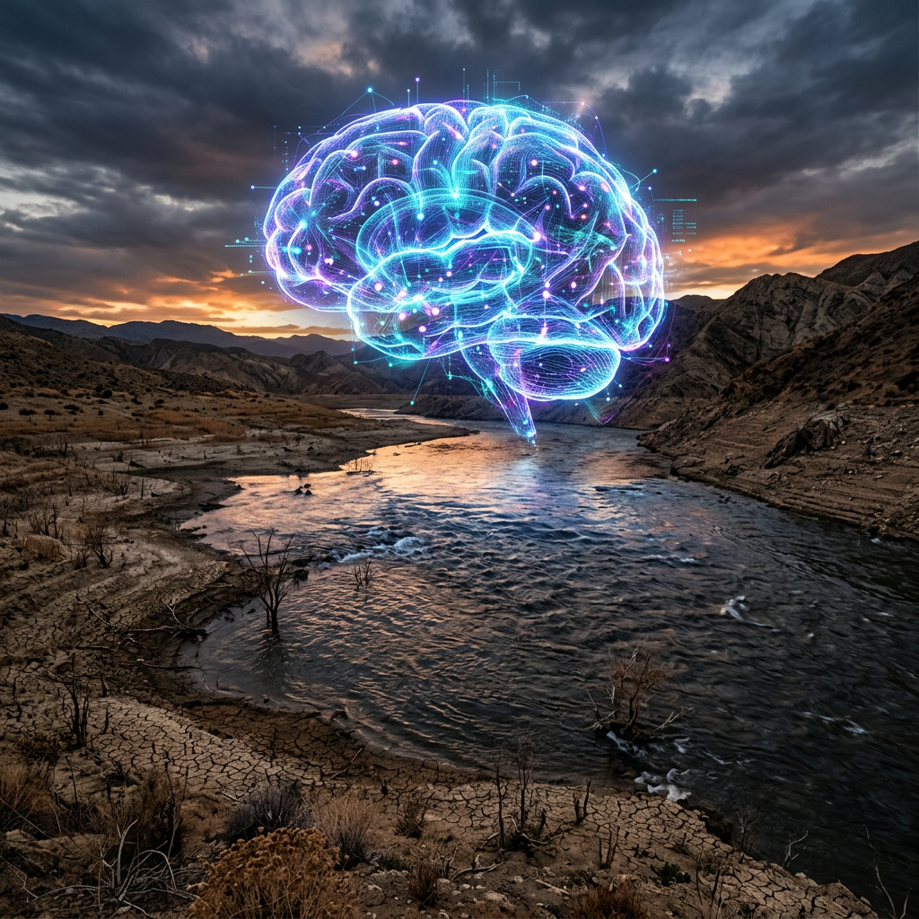 Glowing blue and purple digital brain hologram above cracked dry riverbed