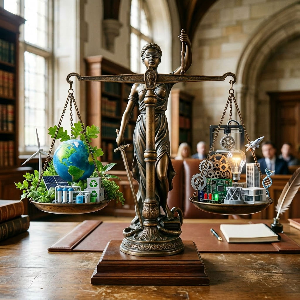 Justice statue scales with Earth, plants, recycling symbols on one side and gears, light bulb, DNA, rocket, buildings on the other