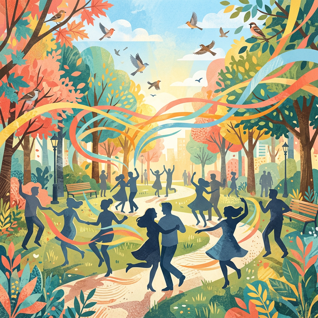 People dancing along a colorful park path beneath trees and flying birds
