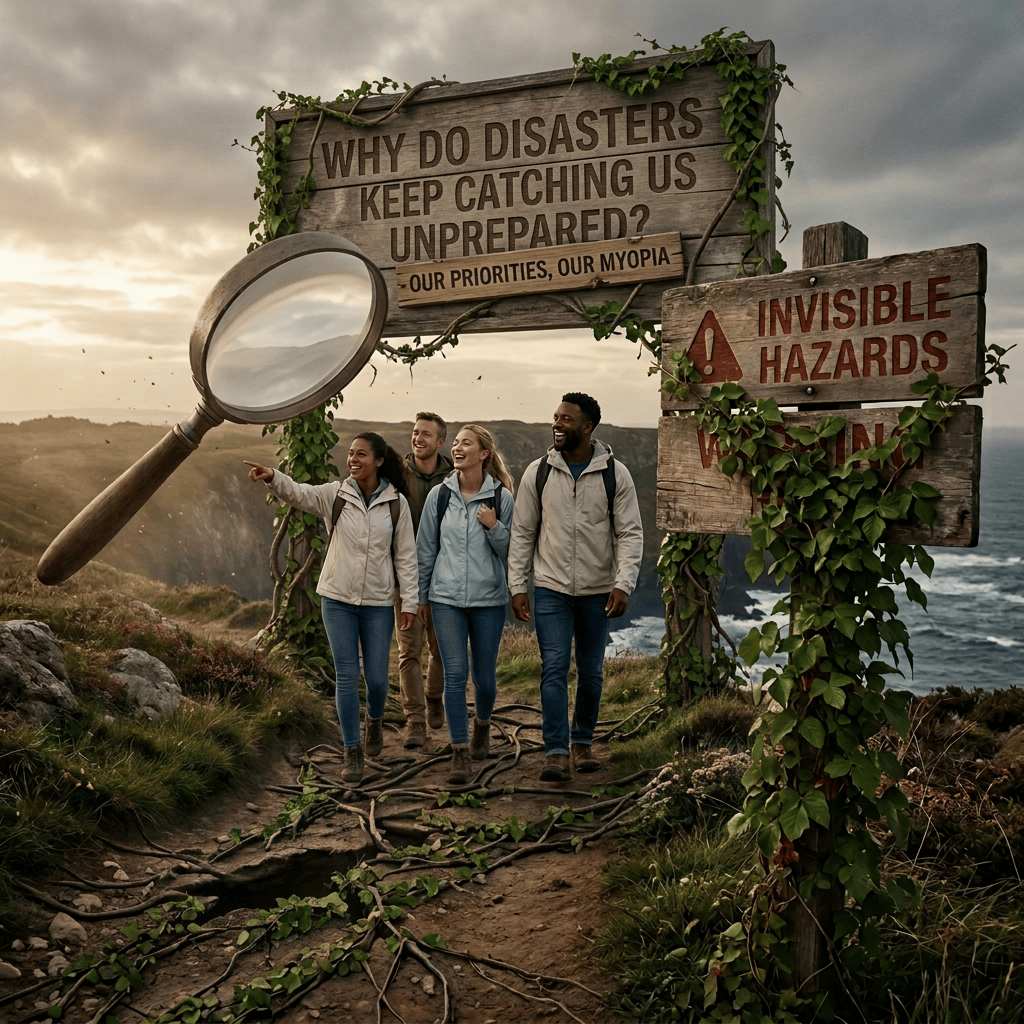 Four hikers beneath signs reading WHY DO DISASTERS KEEP CATCHING US UNPREPARED? OUR PRIORITIES, OUR MYOPIA and INVISIBLE HAZARDS
